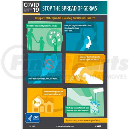 National Marker Company PST139C Stop The Spread Of Germs Poster, English, 12" X 18", Vinyl