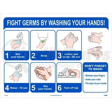 National Marker Company PST138 6-Step Germ Fighting Poster, 18" X 24", Synthetic paper