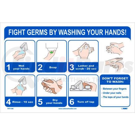 National Marker Company PST138C Fight Germs By Washing Your Hands Poster, 12" X 18", Vinyl