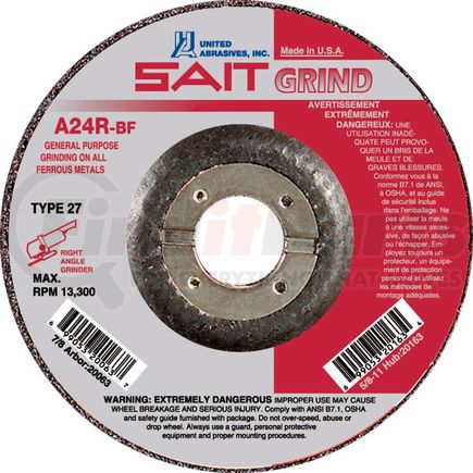 United Abrasives 20063 United Abrasives - Sait 20063 Depressed Center Wheel T27 4-1/2"x 1/4" x 7/8" 24 Grit Alum. Oxide