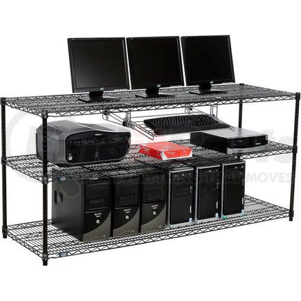 Global Industrial 695380BK Nexel™ 3-Shelf Wire Computer LAN Workstation with Keyboard Tray, 72"W x 24"D x 34"H, Black
