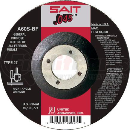 United Abrasives 22021 United Abrasives - Sait 22021 Depressed Center Wheel T27 4-1/2"x .045" x 7/8" 60 Grit Alum. Oxide