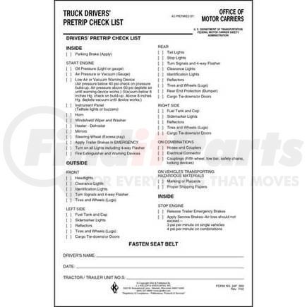 JJ Keller 889 Truck Drivers' Pre-Trip Checklist - Padded format, 50 forms per pad