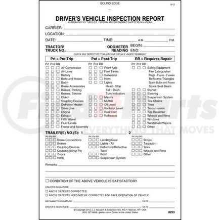 JJ Keller 8253 Detailed Driver's Vehicle Inspection Report With Pre-/Post-Trip, 2-Ply, Carbonless - Stock - 2-ply, carbonless, book format, 5-1/2" x 8-1/2"